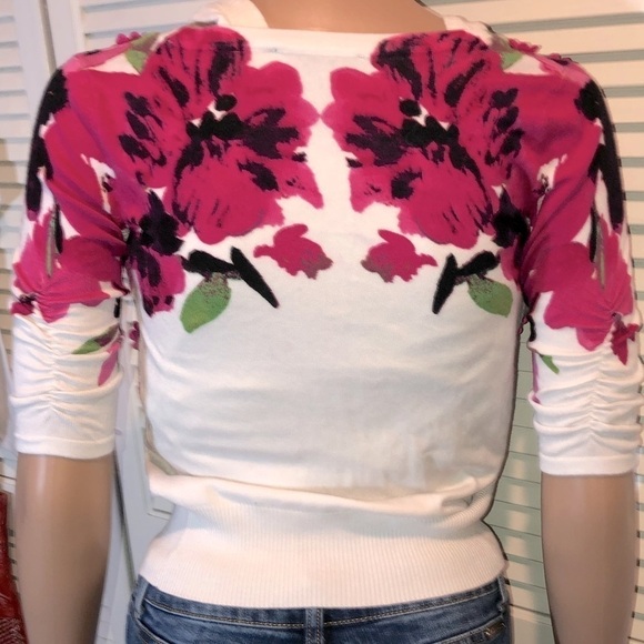 INC International Concepts White mini cardigan with Hot Pink Embellished flowers - Picture 4 of 12